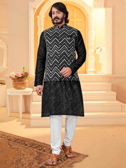 Black Colour Party Wear Kurta Pajama Jacket in Art Silk Fabric.