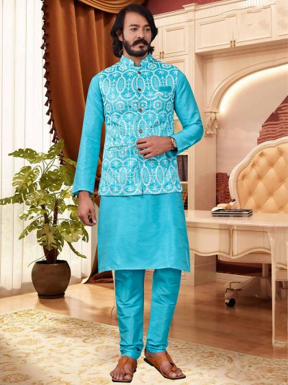 Sky Blue Colour Art Silk Fabric Mens Kurta Pajama Jacket.