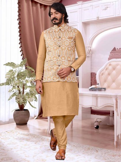 Art Silk Fabric Mens Kurta Pajama Jacket in Golden,Beige Colour.