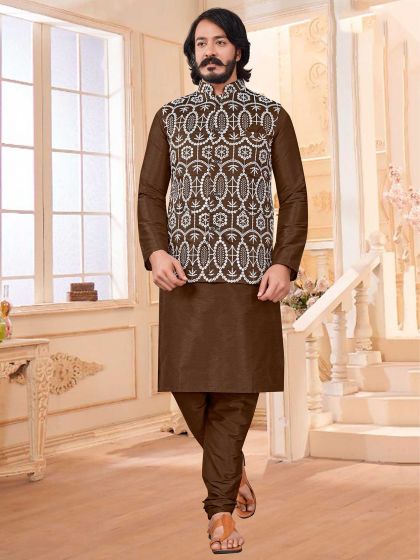 Brown Colour Art Silk Fabric Mens Kurta Pajama Jacket.