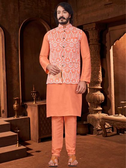 Orange Colour Art Silk Fabric Kurta Jacket.