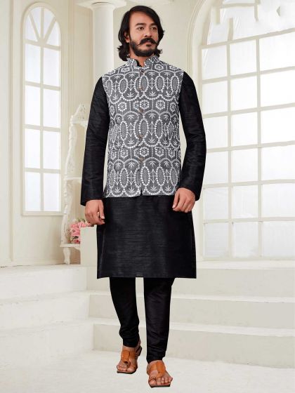 Black Colour Art Silk Fabric Mens Kurta Pajama Jacket.