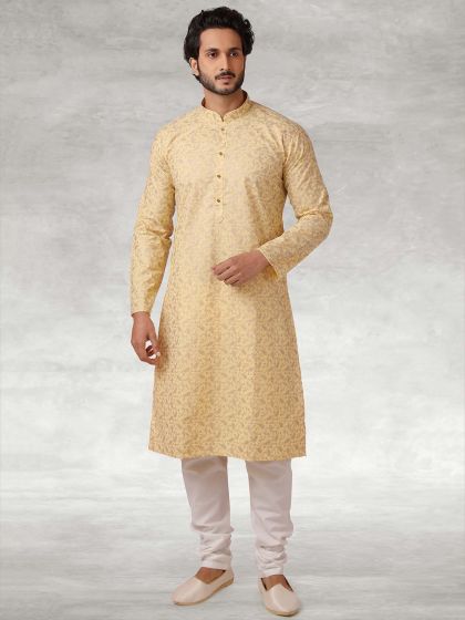 Yellow Colour Cotton Fabric Mens Kurta Pajama.