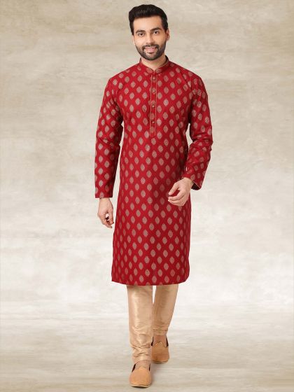 Maroon Colour Wedding Kurta Pajama in Printed Work.