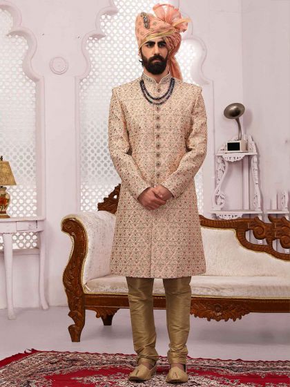 Peach Colour Groom Sherwani in Art Banarasi Silk Fabric.