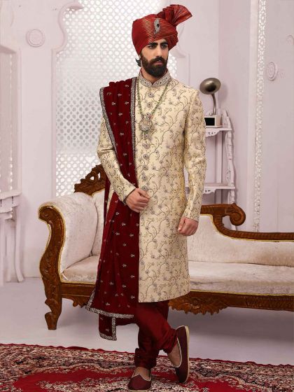 Designer Groom Sherwani Cream Colour in Jacquard,Brocade Silk Fabric.