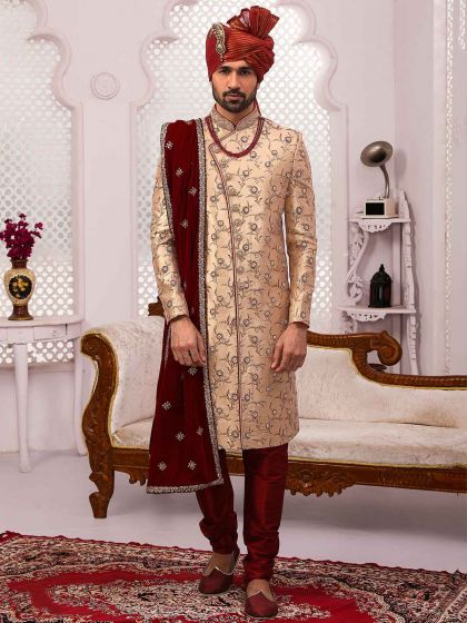 Beige Colour Mens Sherwani in Jacquard,Brocade Silk Fabric.