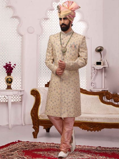 Peach,Golden Colour Indian Groom Sherwani in Banarasi Silk Fabric.