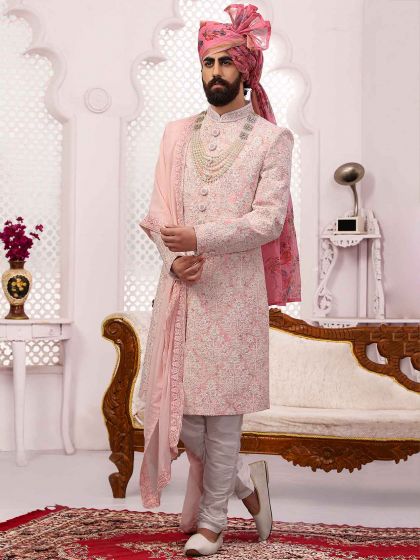 Pink Colour Lucknowi Fabric Groom Sherwani.