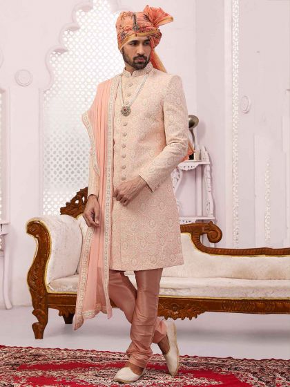 Indian Designer Sherwani Peach Colour Lucknowi Fabric.