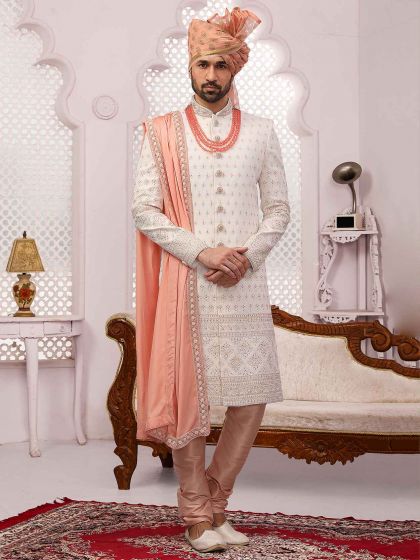 Elegant Off White Colour Lucknowi Fabric Mens Sherwani.