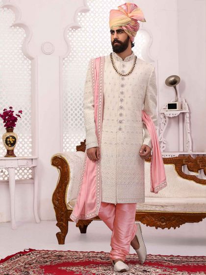 Off White Colour Designer Mens Sherwani in Lucknowi Fabric.