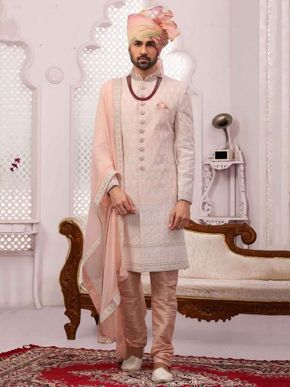 Peach Colour Lucknowi Fabric Mens Sherwani in Embroidered Work.