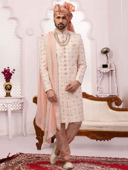 Cream Colour Lucknowi Fabric Groom Sherwani.