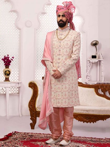 Lucknowi Fabric Indian Wedding Sherwani Cream Colour.