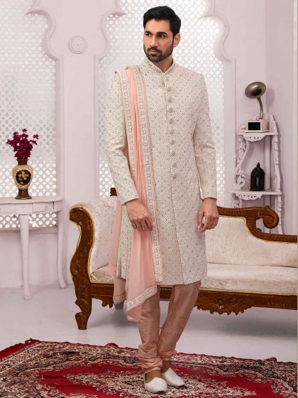 Cream Colour Lucknowi Fabric Indian Designer Sherwani.