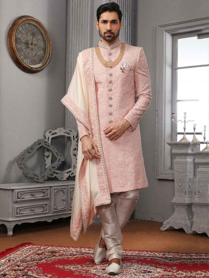 Pink Colour Indian Wedding Sherwani in Lucknowi Fabric.