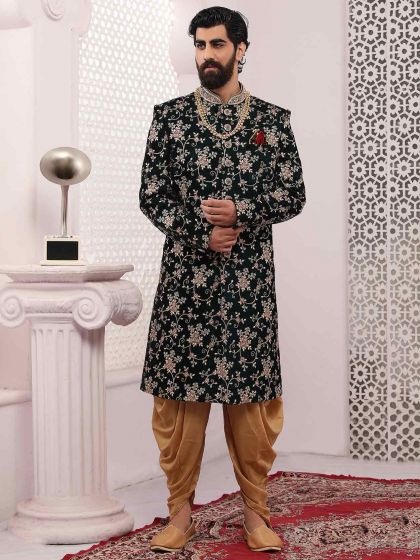 Dark Green Colour Velvet Fabric Mens Sherwani.