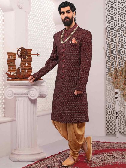 Maroon Colour Velvet Fabric Designer Wedding Sherwani.