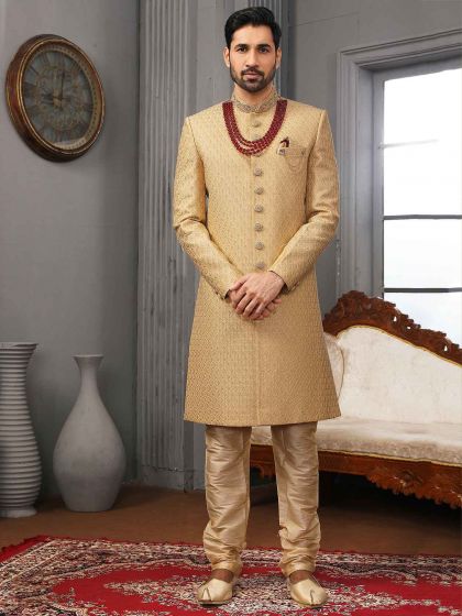 Banarasi Silk Fabric Wedding Sherwani Golden Colour.