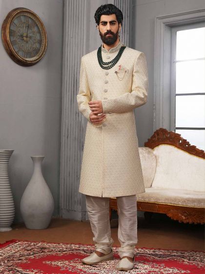 Cream Colour Banarasi Silk Fabric Indian Wedding Sherwani.