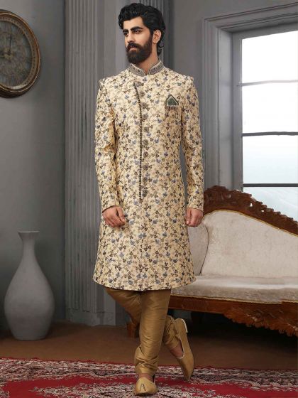 Cream Colour Banarasi Silk Fabric Mens Sherwani.