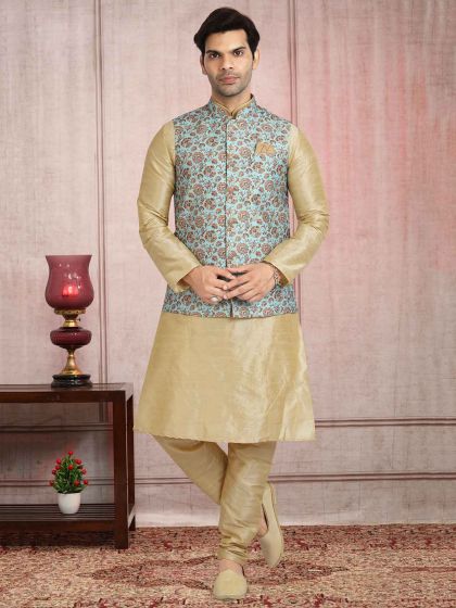 Turquoise,Golden Colour Banarasi Silk Kurta Pajama Jacket.