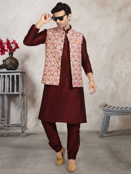 Cream,Maroon Colour Banarasi Silk Fabric Kurta Pajama Jacket.