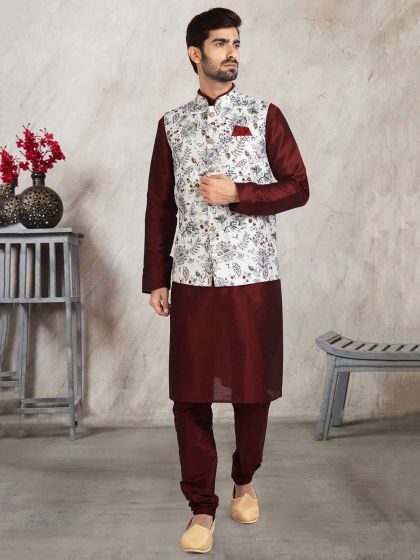 Banarasi Silk Fabric Kurta Pajama Jacket Off White,Maroon Colour.