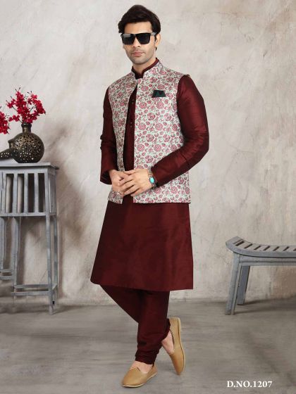 Pista Green,Maroon Colour Banarasi Silk Fabric Kurta Jacket.