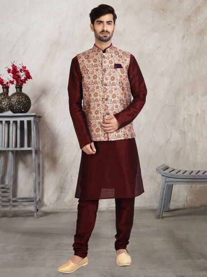 Cream,Maroon Colour Banarasi Silk Fabric Designer Kurta Jacket.