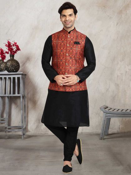 Banarasi Silk Fabric Mens Kurta Pajama Jacket Red,Black Colour.