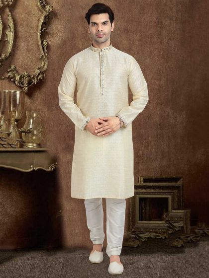 Cream Colour Jacquard,Brocade Silk Fabric Designer Kurta Pajama.