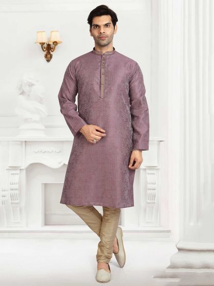 Purple Colour Jacquard,Brocade Silk Fabric Mens Kurta Pajama.