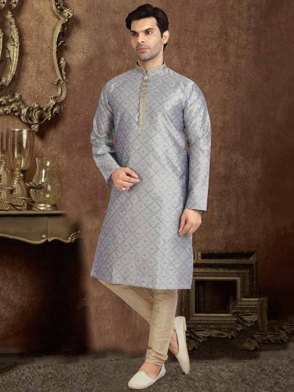 Grey Colour Jacquard Silk Fabric Mens Kurta Pajama.