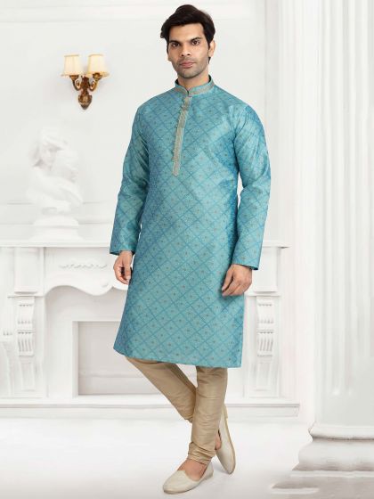 Jacquard Silk Fabric Kurta Pajama Blue Colour.