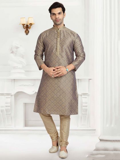 Golden,Beige Colour Jacquard Silk Fabric Indian Kurta pajama.