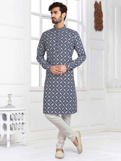 Blue Colour Printed Kurta Pajama in Banarasi Silk Fabric.