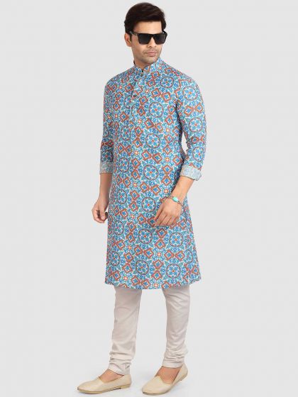 Blue,Multi Colour Printed Kurta Pajama in Cotton Fabric.