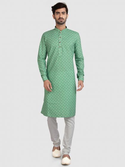 Green Colour Cotton Fabric Mens Kurta Pajama.