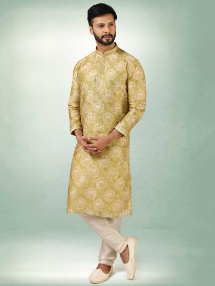 Green Colour Art Silk Fabric Mens Kurta Pajama.