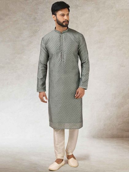 Grey Colour Art Silk Fabric Mens Designer Kurta Pajama.