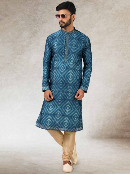 Blue Colour Art Silk Fabric Mens Kurta Pajama.