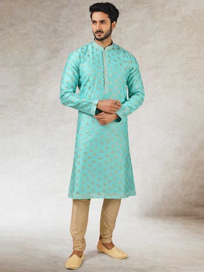 Turquoise Colour Art Silk Fabric Printed Kurta Pajama.