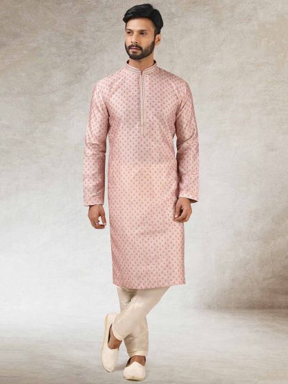 Pink Colour Art Silk Fabric Mens Kurta Pajama.