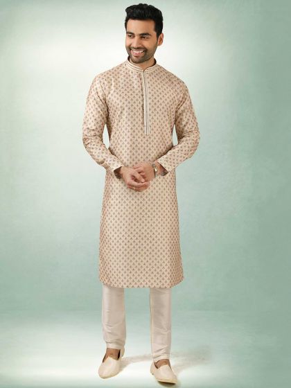 Cream Colour Printed Kurta Pajama in Art Silk Fabric.