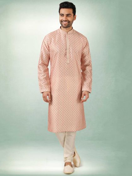 Peach Colour Art Silk Fabric Designer Kurta Pajama.