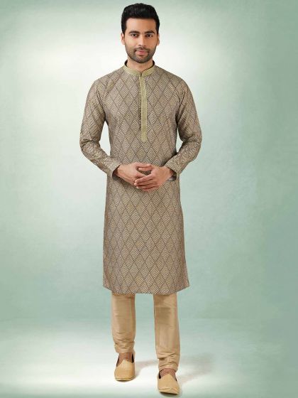 Beige Colour Art Silk Fabric Mens Kurta Pajama.