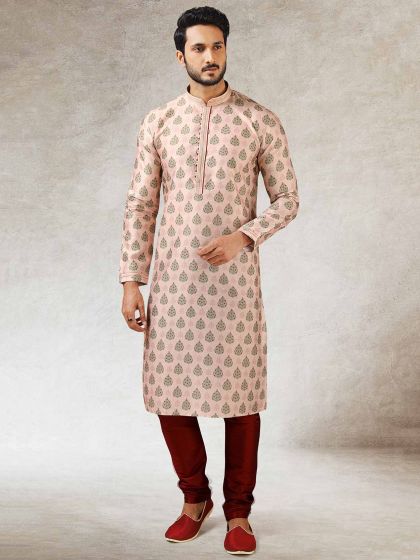 Peach Colour Art Silk Fabric Printed Kurta Pajama.