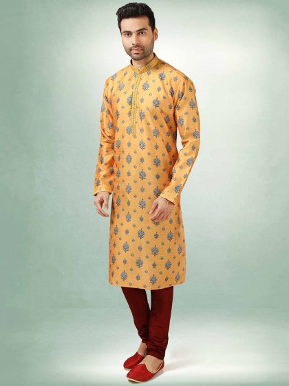 Yellow Colour Art Silk Fabric Mens Kurta Pajama.